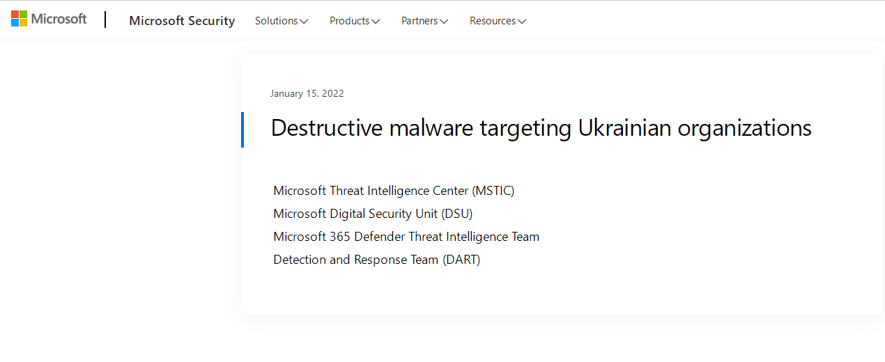 微软称发现针对乌克兰的破坏性恶意软件