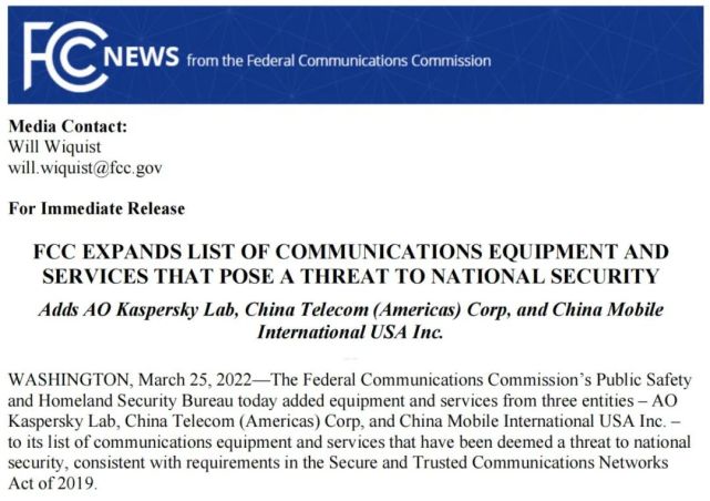 中国移动、电信因对国家安全构成威胁被FCC列入黑名单
